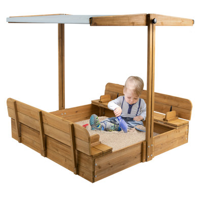 Wooden Sandbox with Canopy and Bench Seats - UV-Resistant Roof