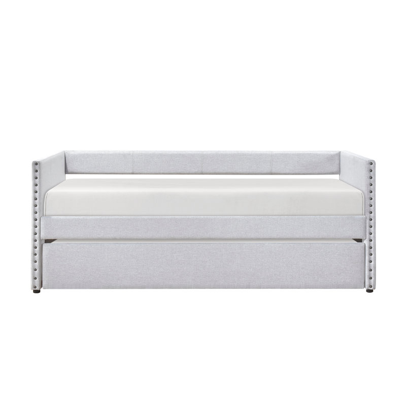 Modern Daybed Pull-Out Trundle Side Pockets Light Gray Upholstery Nailhead Trim Bedroom Living Room Furniture 1Pc, Light Gray