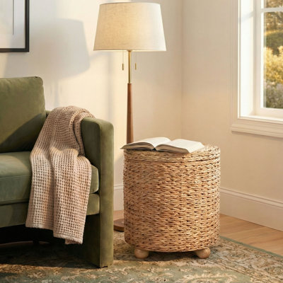 Table d'appoint ronde avec rangement Tropical Abaca, l 18 po, blond