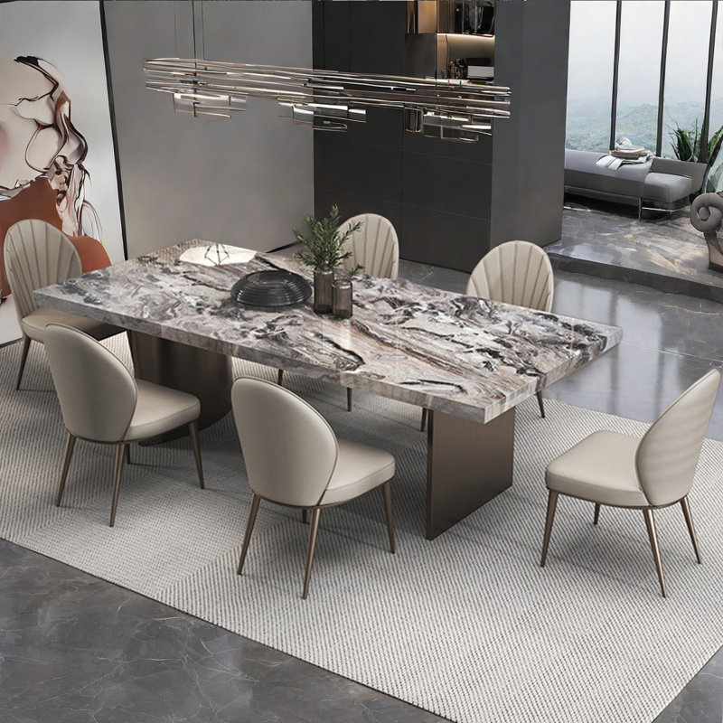Modern Rectangular Glossy Marble Dining Table Set, 29.5"H x 78.7"L x 39.4"W