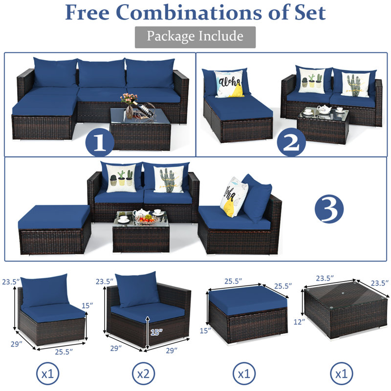 Ensemble de conversation pour patio en rotin 5 pièces avec repose-pieds et table basse, Bleu marine