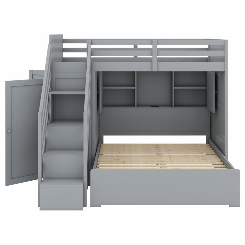 Multifunctional Bunk Bed Frame with Storage Stairs, Wardrobe, USB Charging & Light, Gray