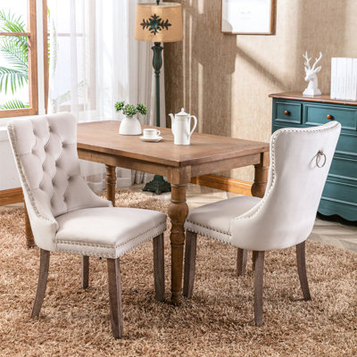 Chaise de salle à manger rembourrée en velours de bois massif haut de gamme American Design, 2 pièces beige, dossier confortable avec support en bois d'hévéa à densité élevée, structure rembourrée