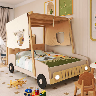 Wood Frame Twin Size Car Bed With Pillow, Ceiling Cloth And LED