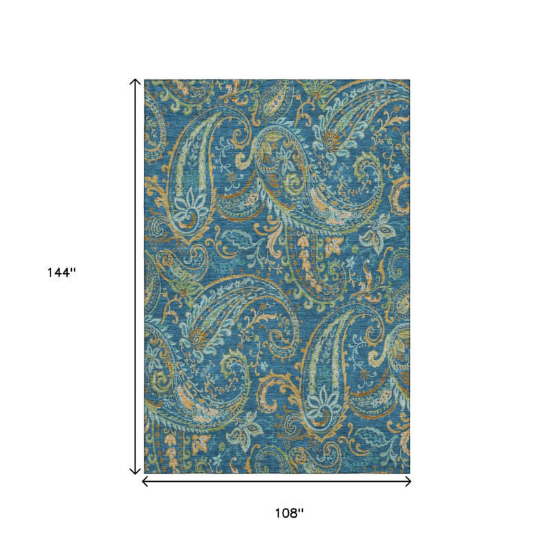 Tapis lavable 9 pi x 12 pi bleu marine et vert à motif cachemire délavé avec protection UV