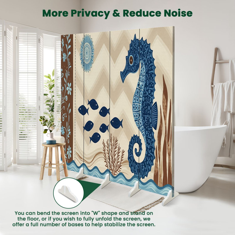 Paravent 4 panneaux à cloison pliable Royal Vintage Beach Brown Seahorse