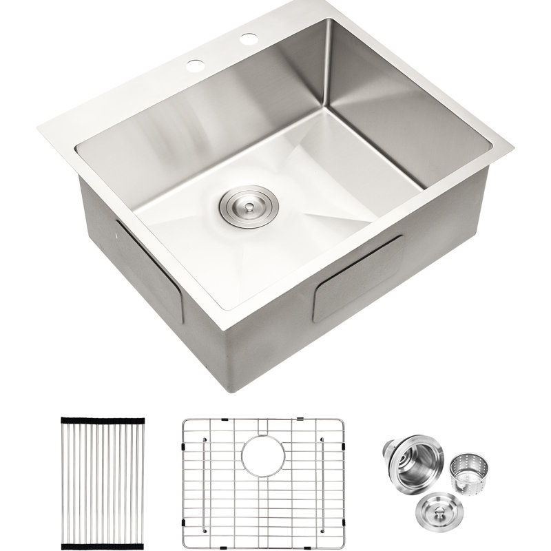 Lavabo encastré en acier inoxydable 25 po, matériau de calibre 16, rembourrage insonorisé, bol simple avec drainage optimal, filtre à panier inclus et instructions d'installation, lavabo insonorisant efficace