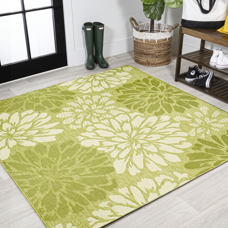 Zinnia Modern Floral Textured Weave Green/Cream Indoor/Outdoor Rug, Square 5'3"