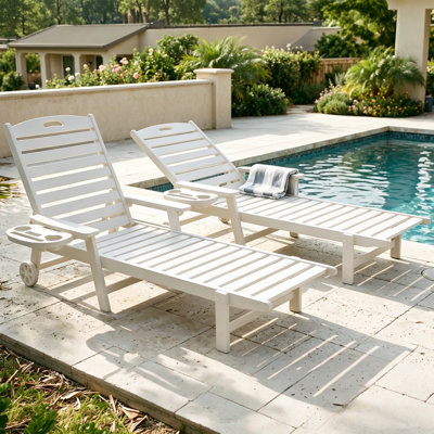 78.1" HDPE Adjustable Chaise Lounge with 5-Position Reclining, Foldable Side Table & Built-In Wheels for Patio Pool Deck(Set of 2)