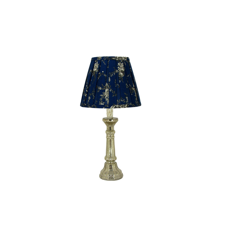 Lampe d'appoint en verre mercurisé argenté avec imprimé floral gris sur abat-jour à pince bleu marine