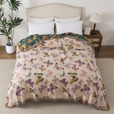 Butterfly Jacquard Weave Cotton Throw Blanket With Fringes