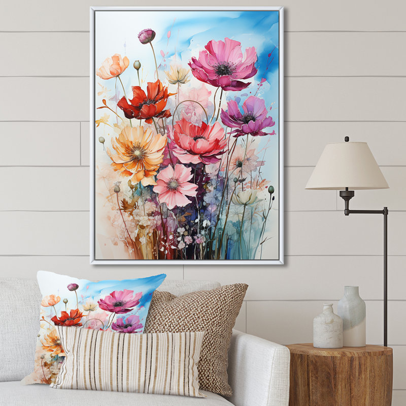 Motif floral minimalisme pré - imprimé, H 32 po x l 24 po x P 1 po, Cadre flottant blanc