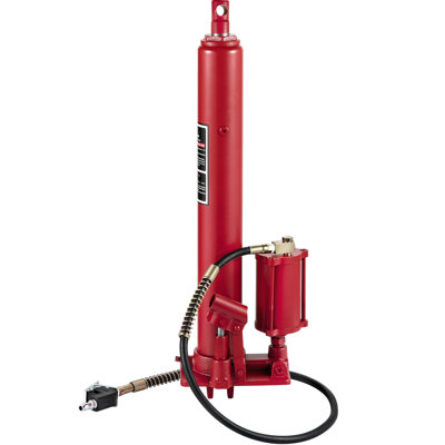 Hydraulic Pneumatic Long Ram Jack, 27.6" x 9.1" x 5.5", Steel, 1 Piece, Long Ram Jack with Clevis Base, Red, 8 Ton 17363 lbs Capacity with Single Piston Pump