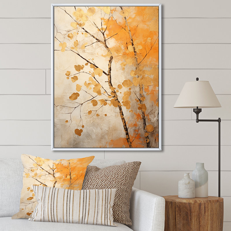 «Peach and Beige Tree Sycamores Song», reproduction d'art sur toile, H 44 po x l 34 po x P 1,5 po, Cadre flottant blanc