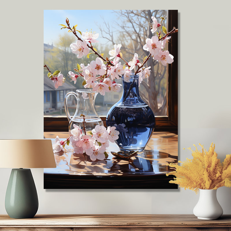 Nature morte, fleurs de cerisier roses, vase bleu - bouquets assortis, Métal métal, H 40 po x l 30 po x P 1,5 po