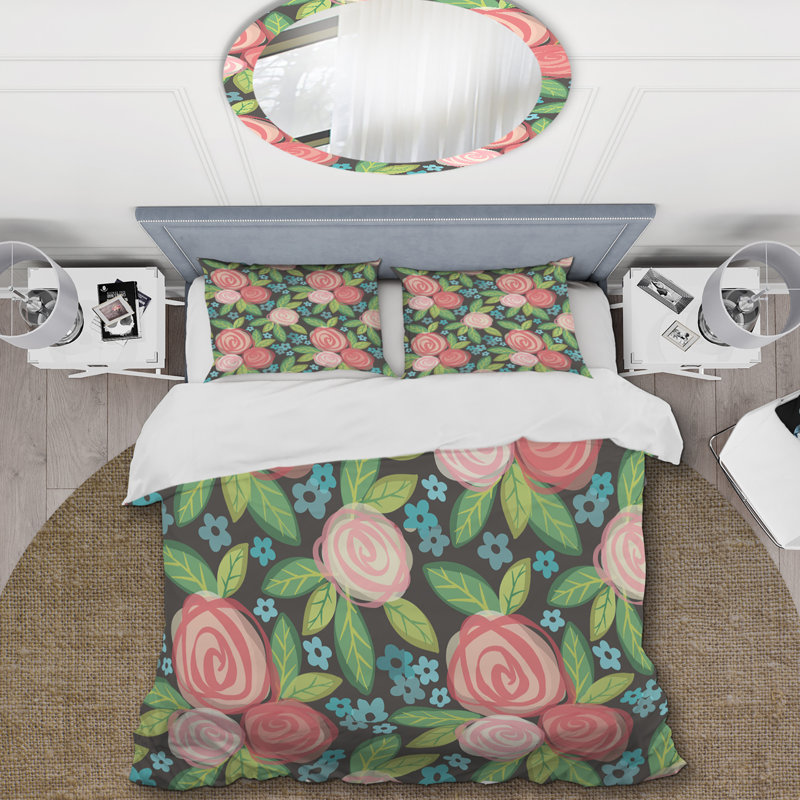 Fleurs roses et feuille verte - ensemble de housse de couette floral - microfibre de polyester