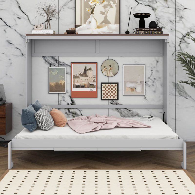 Lit escamotable horizontal avec port USB, lit escamotable mural en bois avec lattes pour chambre d'amis, bureau à domicile