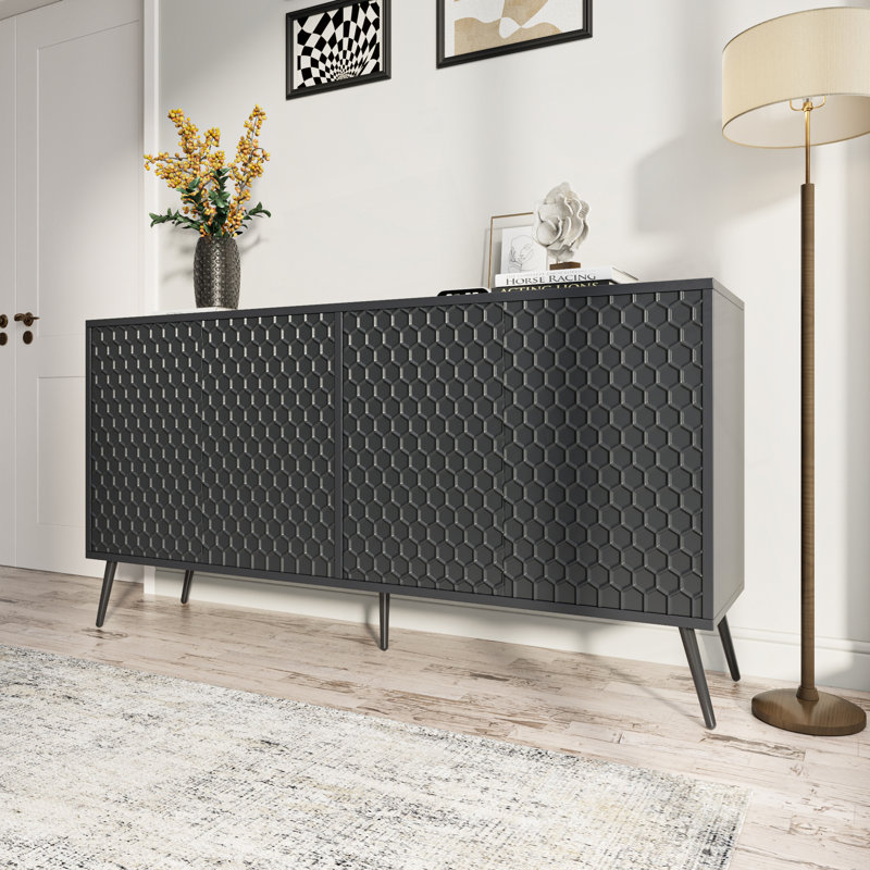 Buffet Mid-Century moderne avec 4 tablettes réglables, Noir