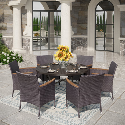 Sutiya 7pcs Large-round-table Outdoor Patio Dining Set With Rattan Chairs