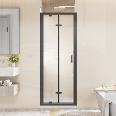 Porte de douche pivotante pliante encadrée avec verre trempé transparent et poignée en acier inoxydable, idéale pour les petites salles de bain et l'optimisation de l'espace.