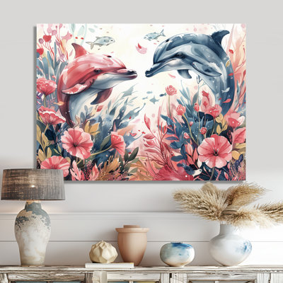 Grey Pink Dancing Dolphins Sea Creatures - Sea Creatures Wall Art Print