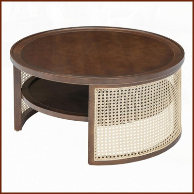 Table basse ronde en bois de noyer à 2 niveaux avec base en rotin, bord arrondi et amp; Grand rangement pour le salon