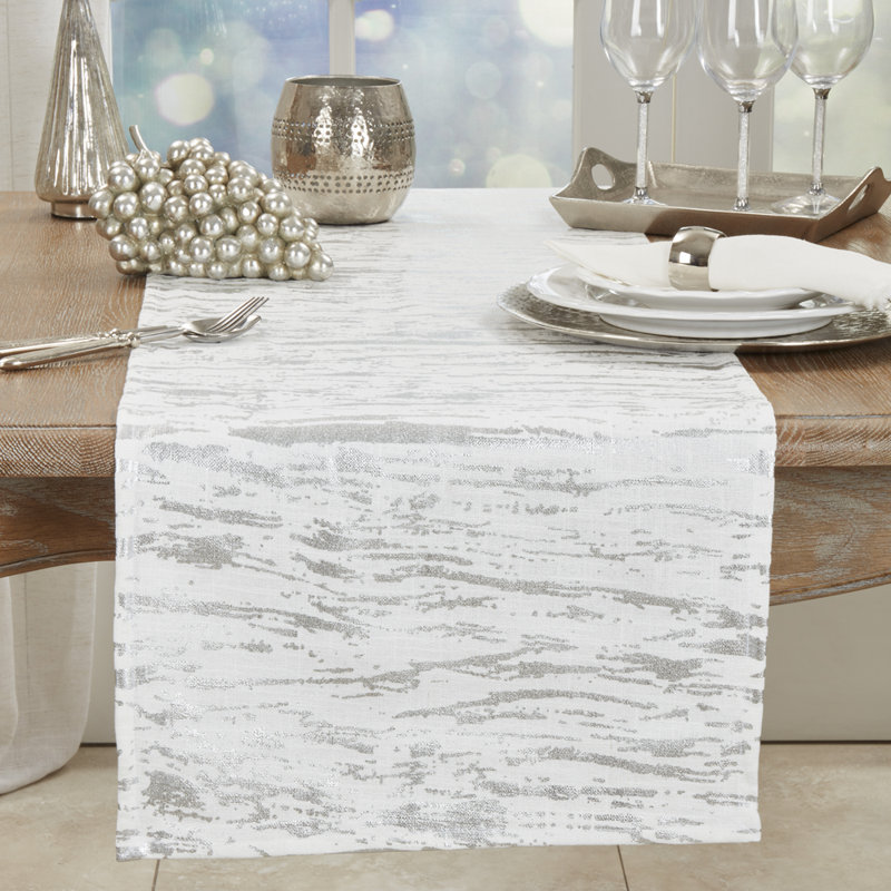 Distressed Metallic Foil Design Cotton Table Runner, 108" L x 16" D, Silver