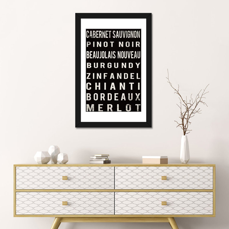 «Wine», art textuel sur toile, H 24 po x l 16 po x P 1 po, Papier d'art encadré noir, Blanc