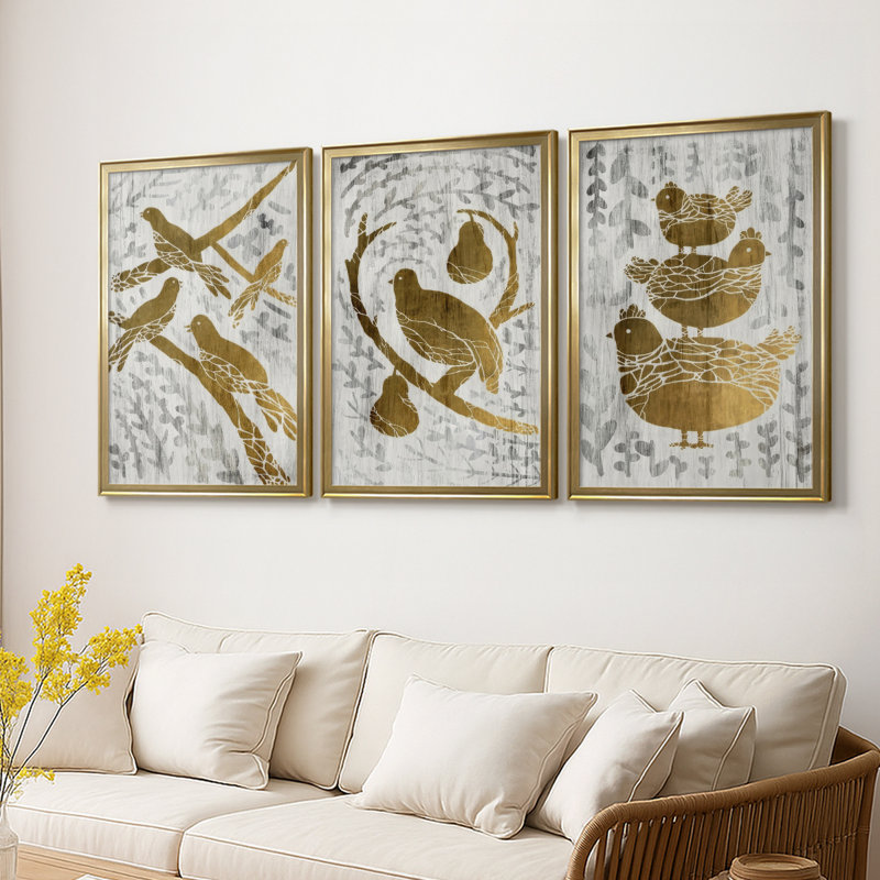 Quatre oiseaux qui chantent - Feuille d'or - Toile sur toile tendue avec châssis encadré - 3 pièces, H 27 po x l 39 po, Doré