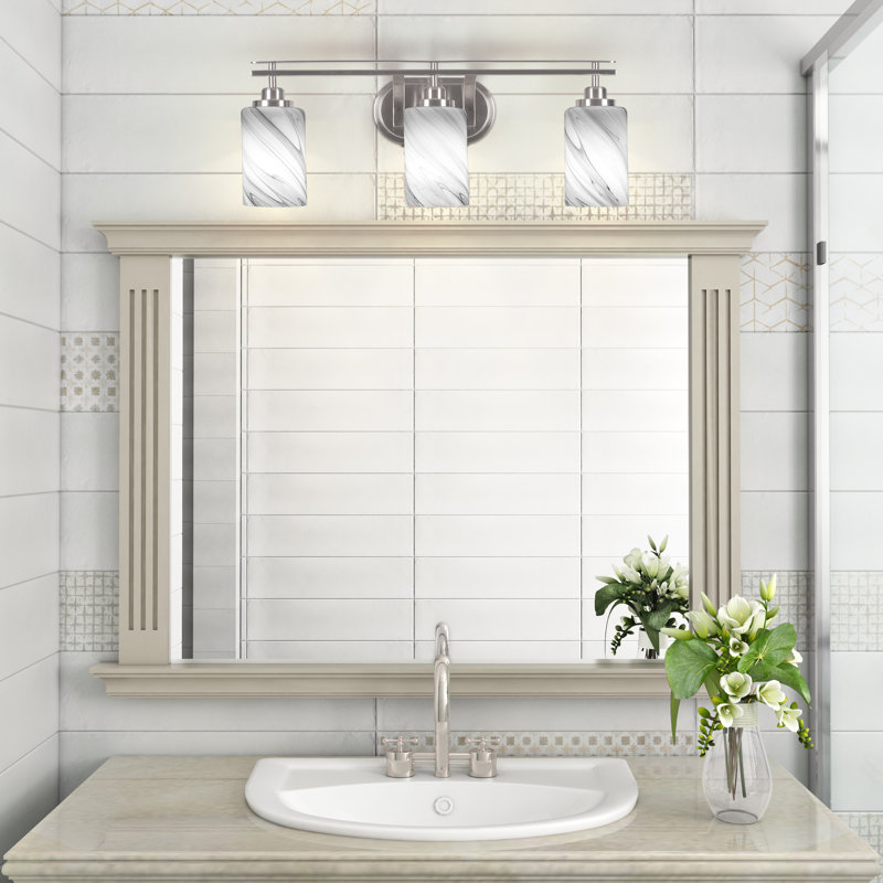 Odyssey 3 Light Bath Bar Shown In Brushed Nickel Finish With 4" Onyx Swirl Glass