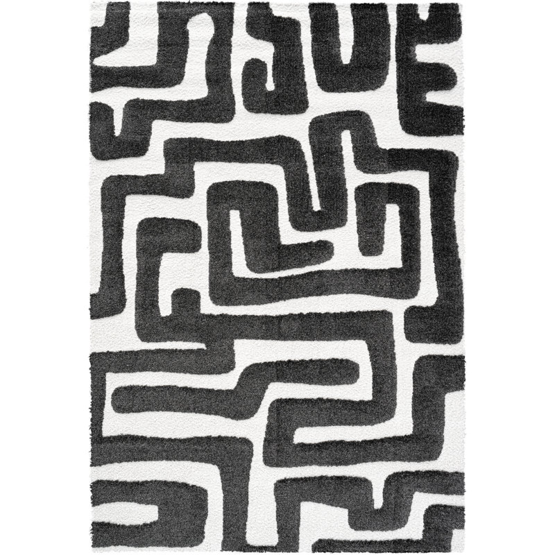 Tapis en polyester recyclé noir et ivoire Luna Meara, Rectangle 5' x 8'