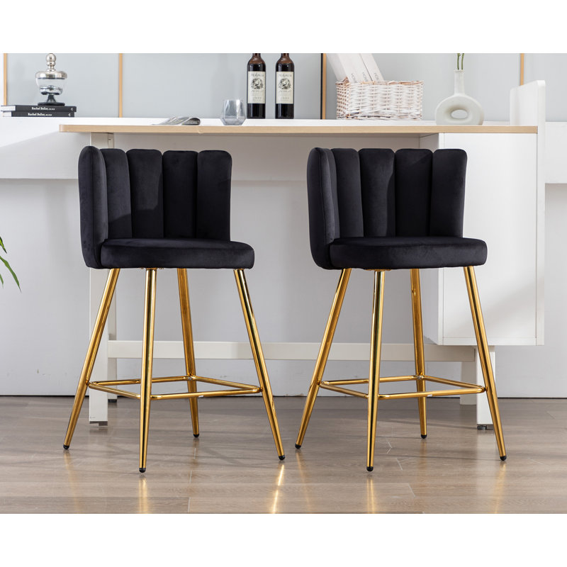 Latefa Upholstered Counter Stool with Iron Frame, Black Fabric/Gold Frame