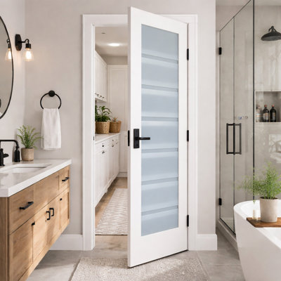 White Primed Vented Frosted Glass Door Slab, 30''X80'' - Privacy + Ventilation For Bathrooms & Laundry Rooms