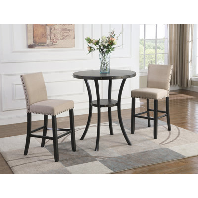 3-Piece 36" Round Espresso Finish Bar Table with 2 Tan Fabric Nail Head Pub Chairs