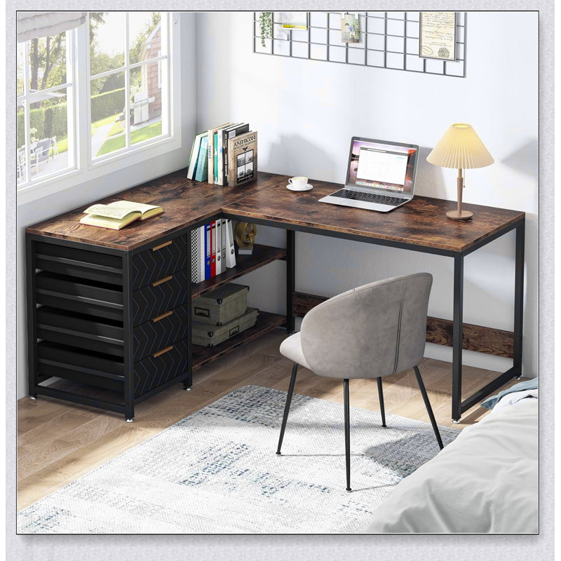 Bureau d'ordinateur en L 59 po avec tiroirs et tablettes de rangement, poste de travail de coin réversible, bureau d'écriture avec classeur
