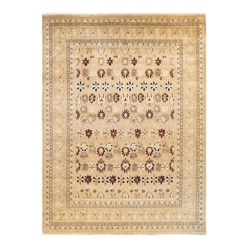 Ivory Hand-Knotted Wool 9' x 12' Rectangular Area Rug