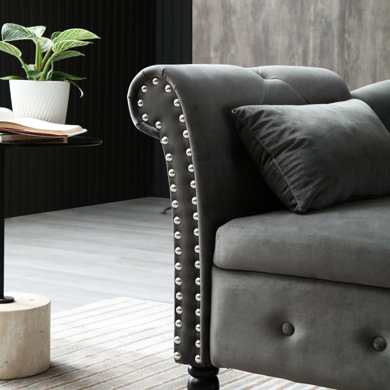 Chaise longue de rangement en velours gris pour chambre et bureau