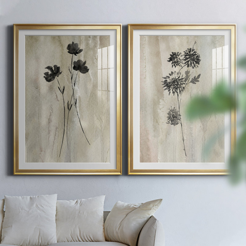 «Sumi-E Silhouette III», ensemble de 2 reproductions d'art, Impression encadrée avec passe-partout, H 26,5 po x l 73 po, Doré