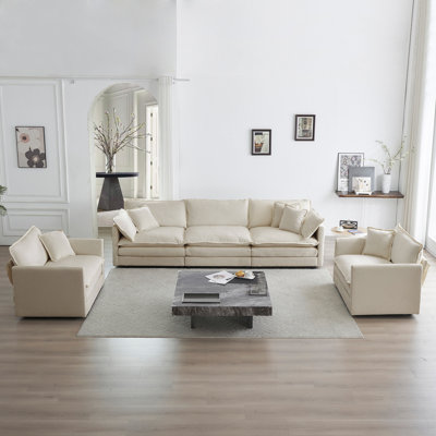 Sofa Set Of 3, 1+1+3 Seats Living Room Sofa Set, Accent Chair, Loveseat, And Three-Seat Sofa Modern Style Round Arms 3 Piece Sofa Set, Beige Chenille