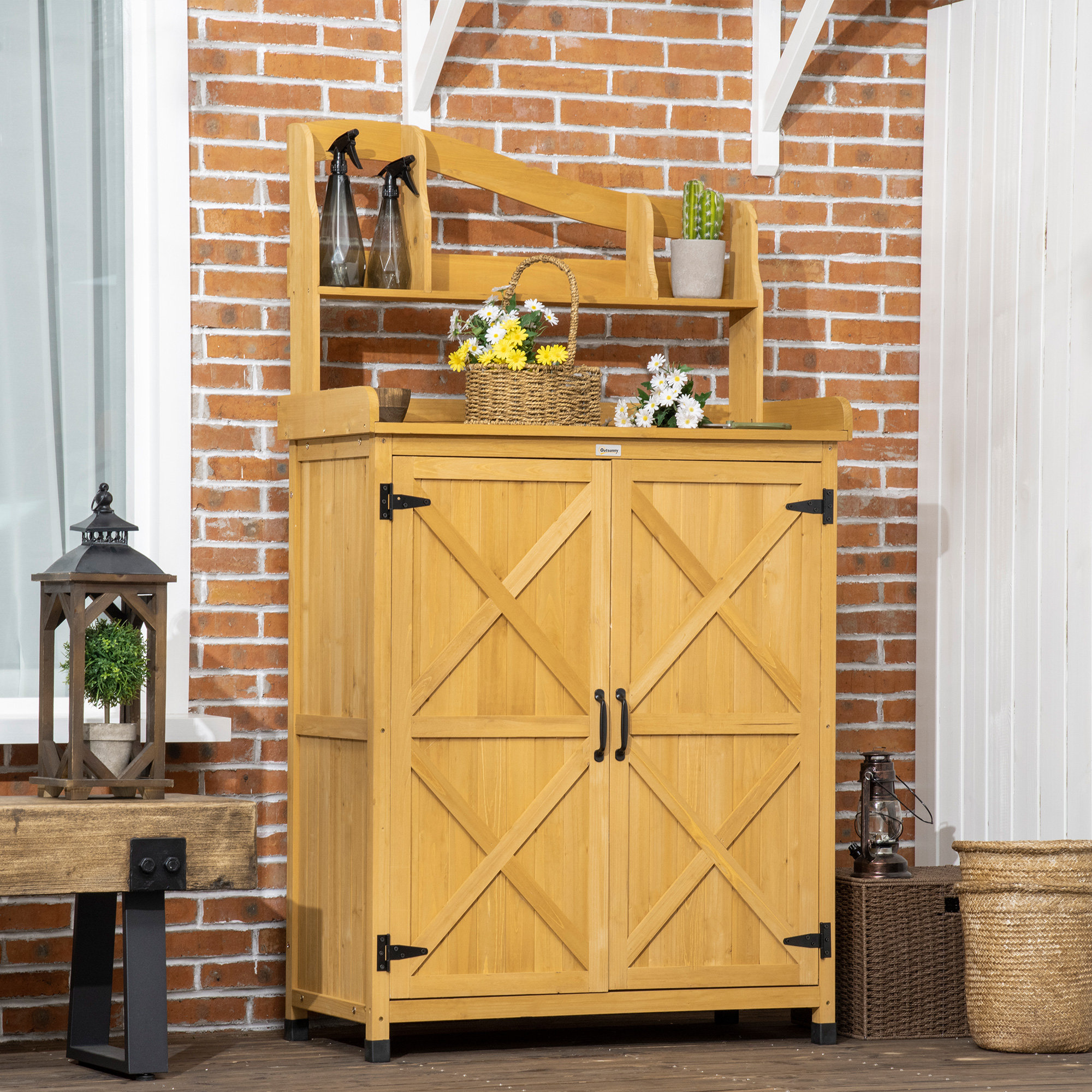 Table De Jardinage MCombo Avec Lavabo - Bois Sapin 115x45x121cm - Étagères Et Tiroir - Intempéries