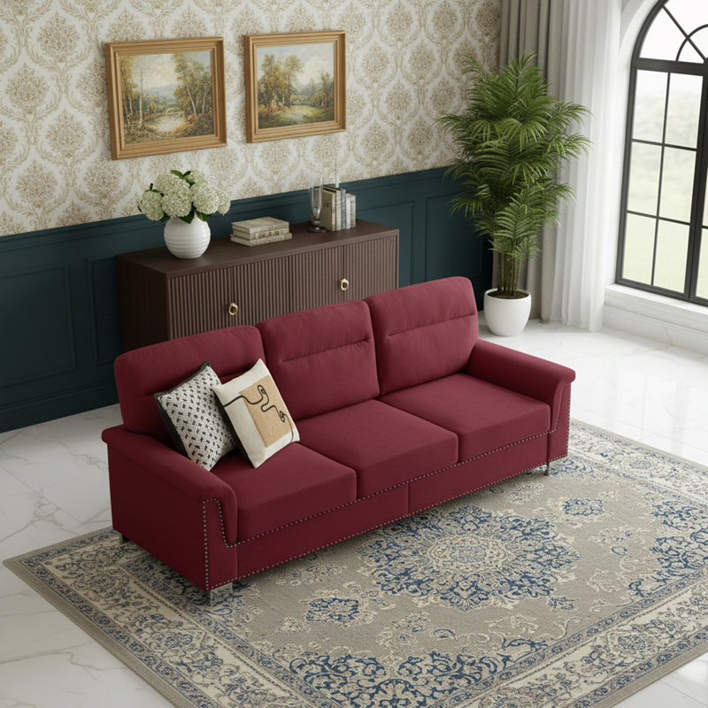 Canapé 3 places avec têtes de clou et coussin, Rouge Bourgogne