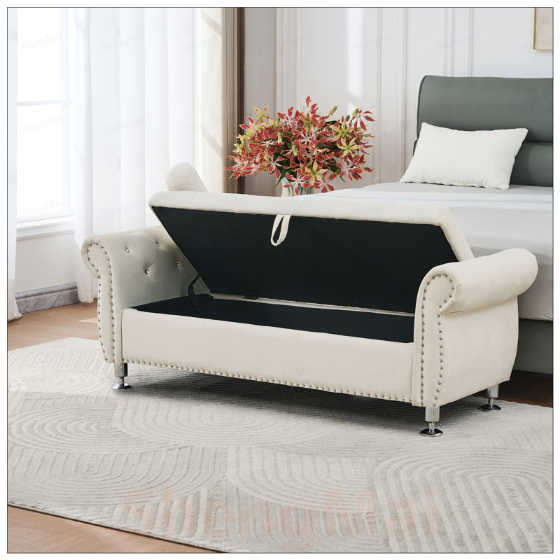 Banc de rangement en velours doux avec boutons en cristal et 1 coussin, parfait pour l'organisation de la chambre à coucher et du salon