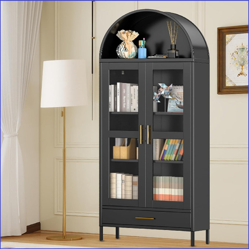 73" Arched Metal Storage Cabinet, Kitchen Pantry Cabinet With Glass Door, 2 Adjustable Shelves & Drawers,Modern Farmhouse Display Bookshelf ,Freestanding Display Cupboard For Living/Dinning Room, Black