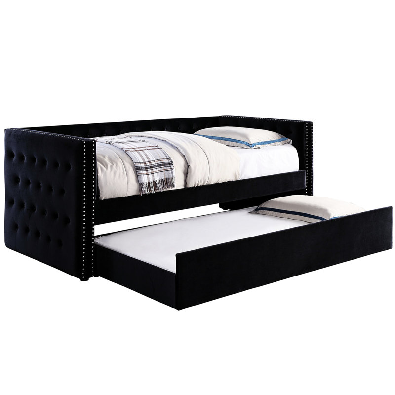 Transitional Flannelette Upholstered Trundle Daybed, Black Aesthetic, Padded Button , Nailhead Trim, Slat Kit Daybed With Trundle, Style, Upholstery, Design,