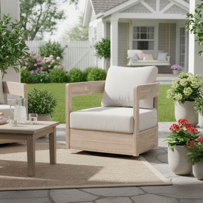 Telluride Outdoor Wood Swivel Club Chair, Light White Finish With Beige Cushion, Chair