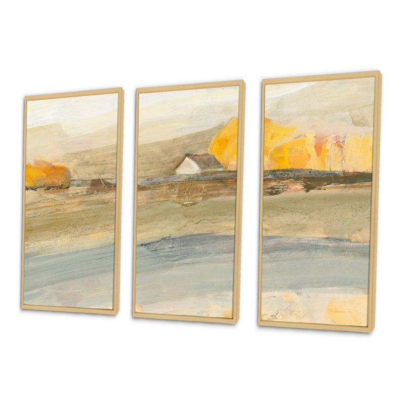 «Coming On Farmhouse Landscape», ensemble de 3 toiles encadrées traditionnelles, H 32 po x l 48 po x P 1 po, Brun