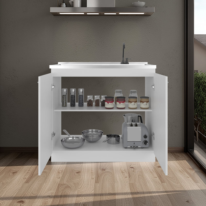 Évier utilitaire blanc moderne avec robinet et comptoir en acier inoxydable intégré, armoire autoportante pour espace de travail de garage, garage de comptoir à assemblage sans effort, poignées en métal, cuisine idéale