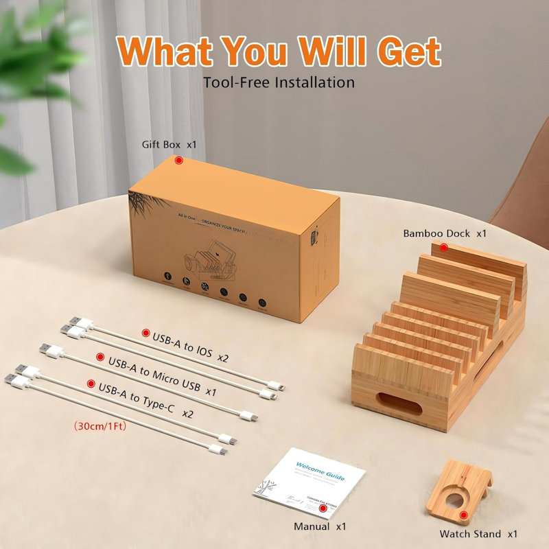Station de recharge en bambou avec 5 câbles, support de bureau en bois avec porte-montre pour téléphone, tablette et montre – Chargez jusqu'à 7 appareils simultanément, 5 câbles inclus (adaptateur non inclus), couleur naturelle