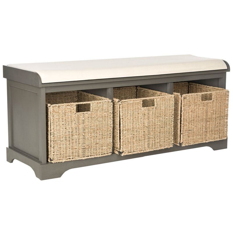 Aniella Faux Leather Upholstered Modern Storage Bench, Pine Wood Woven 3 Baskets for Mudroom and Entryway, Gray