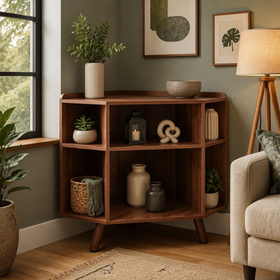 3 Tier Mid Century Modern Corner Record Player Stand Wood Turntable Cabinet with Charging Station and USB Ports
